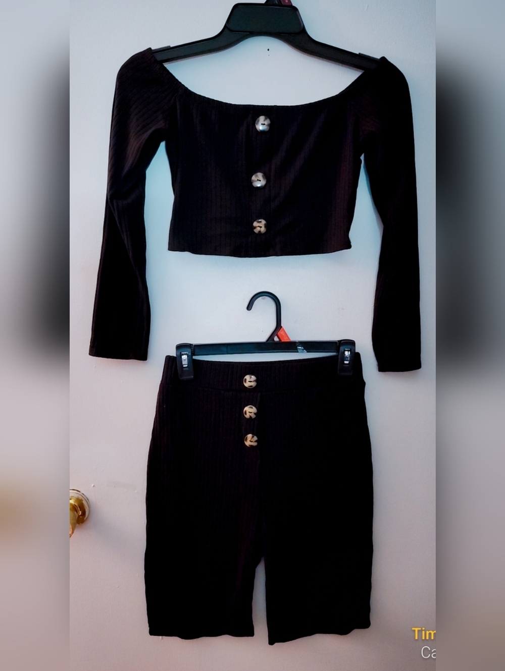 Fashion Nova Black Ribbed Long-Sleeve Crop Top & High-Waist Button Skirt Set